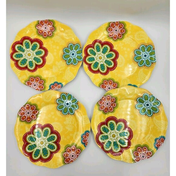Set Of 4 Pier 1 Yellow Melamine Dinner Plates Floral Pattern 10.5" - Picture 1 of 13
